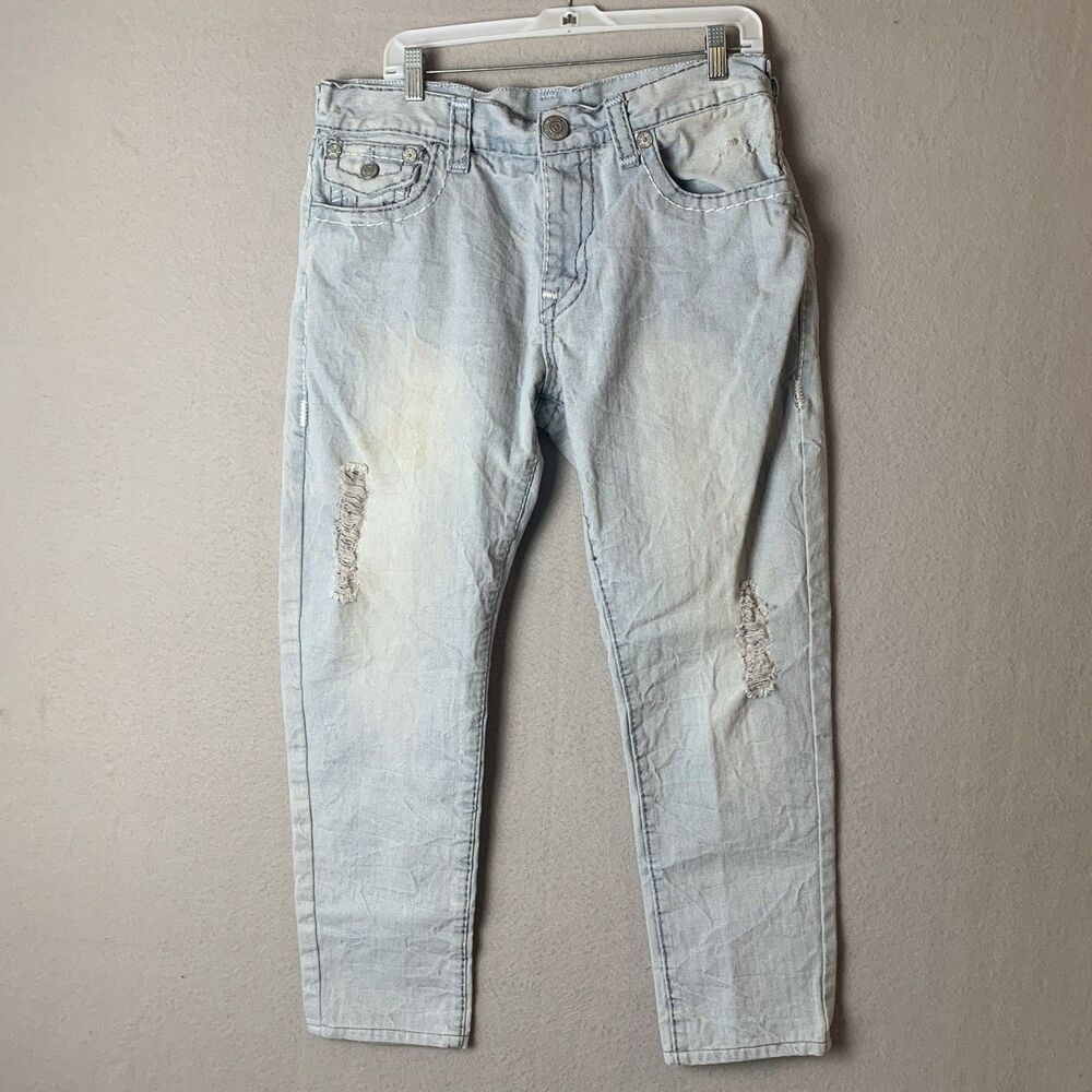 True Religion Ricky Relaxed Straight Jean Men 36x27 Flap Pockets Distressed READ